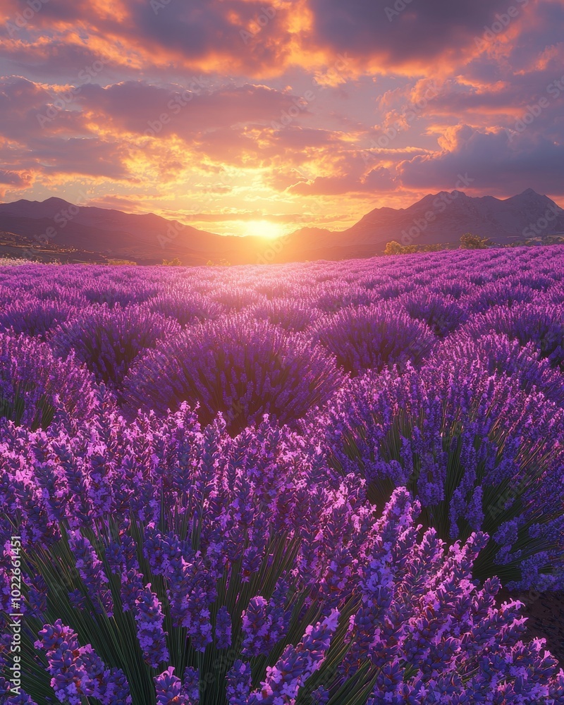 Obraz premium A breathtaking sunset over a vibrant lavender field, showcasing hues of purple and orange in the sky.