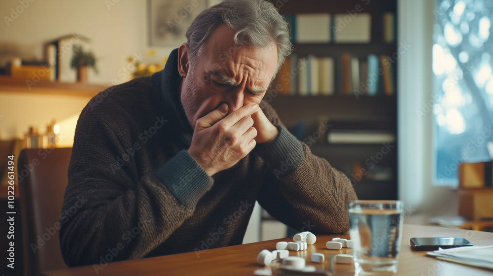 Elderly man with cold sitting at table with medicine and water Elderly man with cold sitting at table with medicine and water