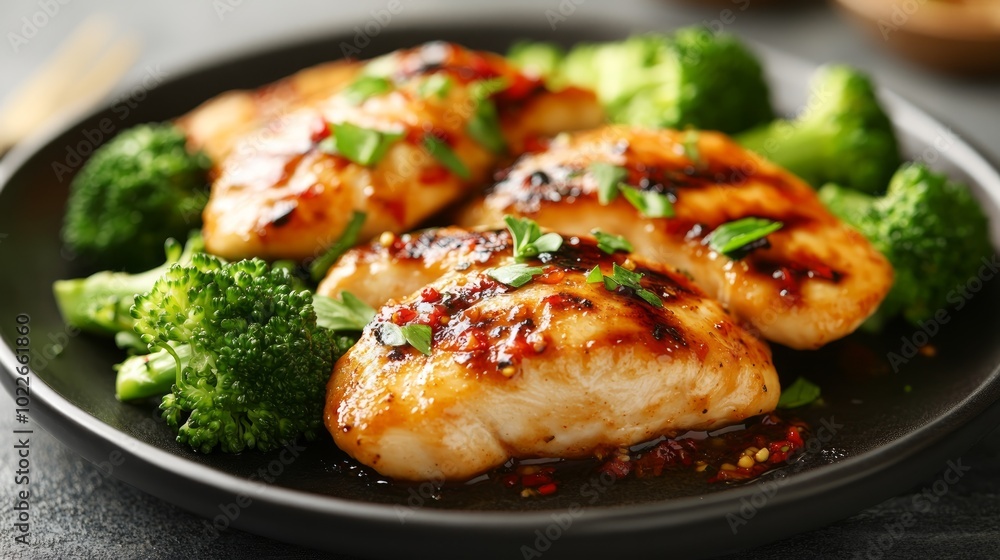 A plate of grilled chicken breast with a sweet chili sauce and steamed broccoli.