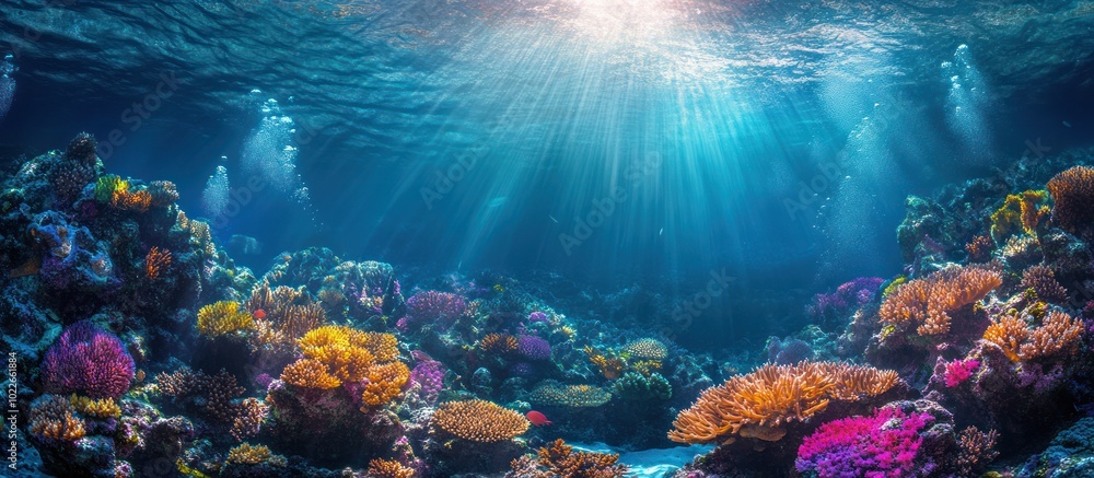 Underwater view of a vibrant coral reef with sunlight shining through the water. Underwater view of a vibrant coral reef with sunlight shining through the water.