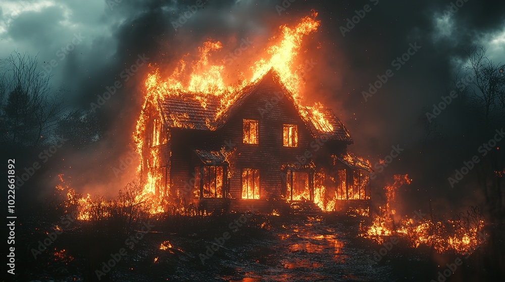A wooden house engulfed in flames with a dark, stormy sky A wooden house engulfed in flames with a dark, stormy sky