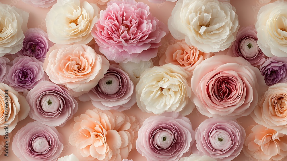 Romantic pastel garden filled with soft roses and peonies, delicate petals in blush pink, cream, and lavender tones, hd quality, gentle shadows, soft glowing light, intricate petal details, Romantic pastel garden filled with soft roses and peonies, delicate petals in blush pink, cream, and lavender tones, hd quality, gentle shadows, soft glowing light, intricate petal details,