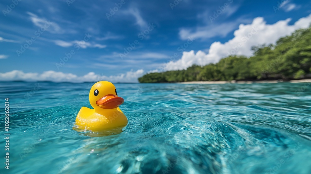 A yellow rubber duck floats in the turquoise waters of a tropical lagoon. A yellow rubber duck floats in the turquoise waters of a tropical lagoon.