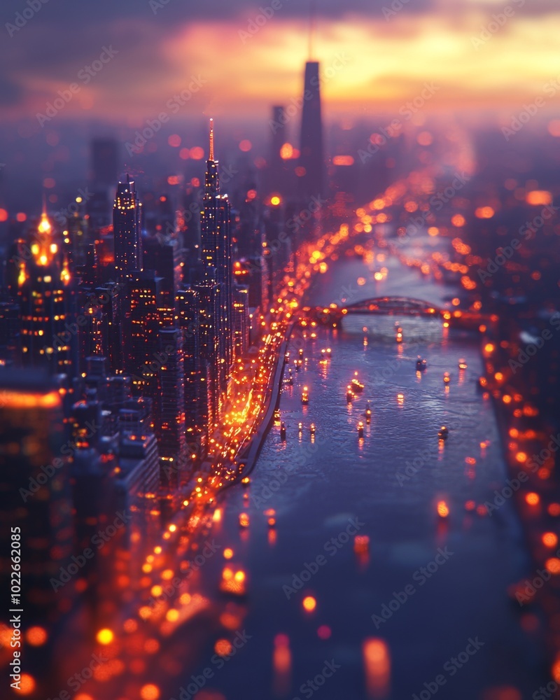 Obraz premium A breathtaking view of a vibrant city skyline at twilight, showcasing shimmering lights reflecting in the river.