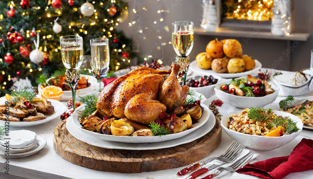 Festive holiday dinner featuring a roasted turkey and an array of sides on a decorated table beside a Christmas tree with twinkling lights Festive holiday dinner featuring a roasted turkey and an array of sides on a decorated table beside a Christmas tree with twinkling lights
