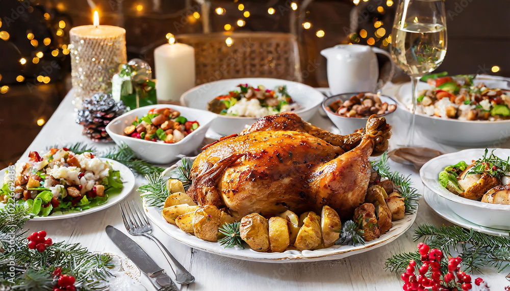 Exquisite holiday dinner featuring a golden roasted turkey surrounded by festive sides and warm decorations in a cozy setting Exquisite holiday dinner featuring a golden roasted turkey surrounded by festive sides and warm decorations in a cozy setting