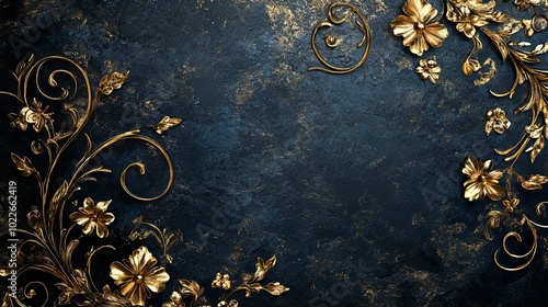 Golden Floral Vines and Flowers on a Dark Blue Background