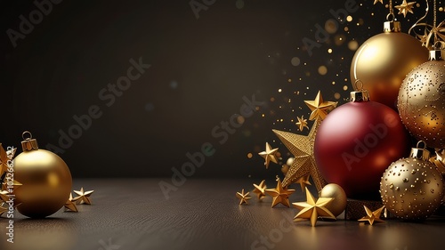 Merry Christmas background design Goldeen balls and gifts photo