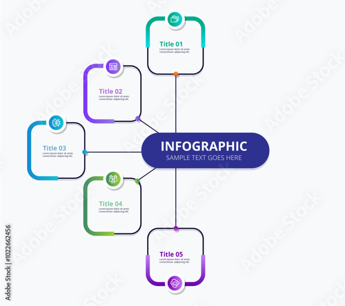 Round chart divided into 5 equal pieces with arrows, linear pictograms and place for text. Concept of five stages of business cycle. Creative infographic design template. Vector illustration.