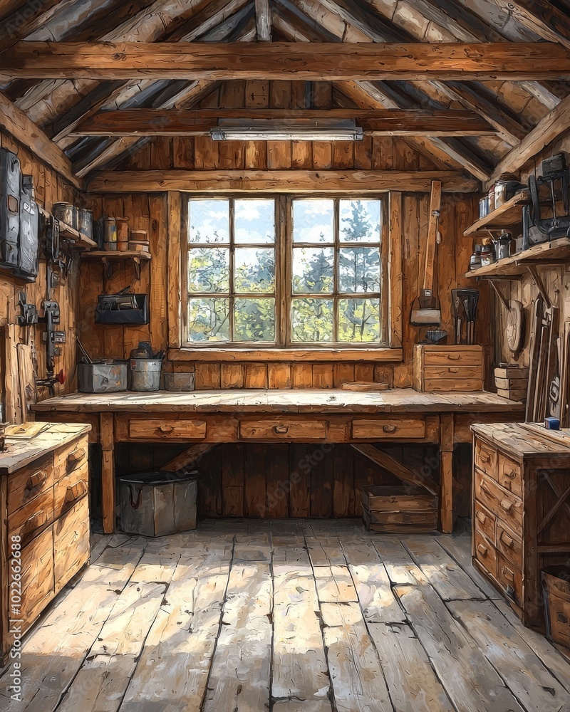 A rustic wooden workshop filled with tools and sunlight, capturing a serene crafting atmosphere. A rustic wooden workshop filled with tools and sunlight, capturing a serene crafting atmosphere.