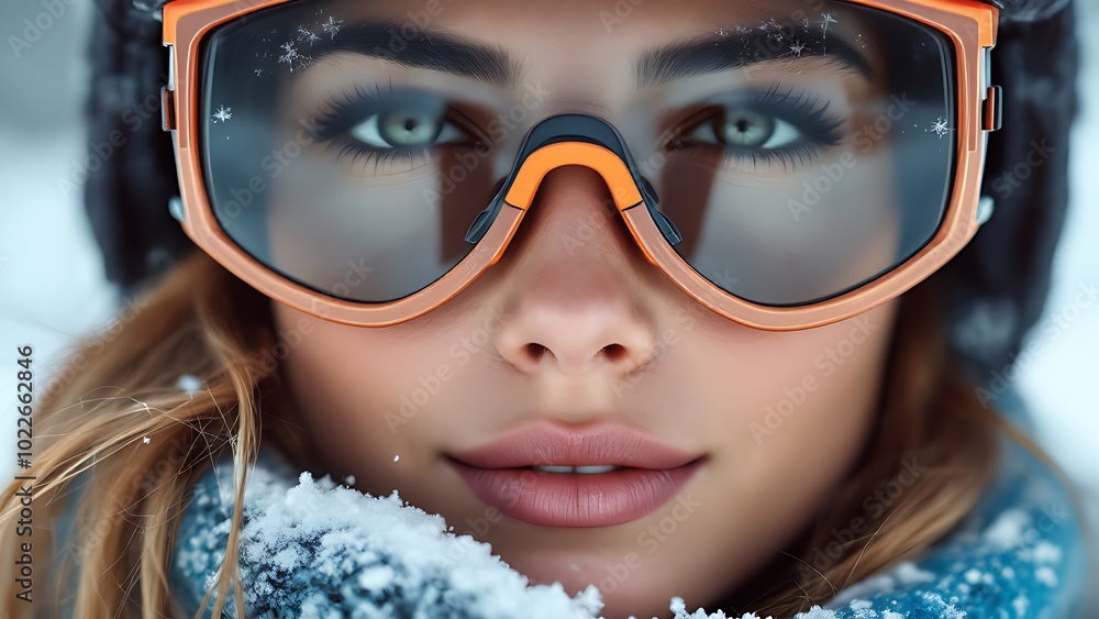 A close-up of a woman with a joyful expression, wearing ski goggles and a cozy winter outfit, surrounded by snow A close-up of a woman with a joyful expression, wearing ski goggles and a cozy winter outfit, surrounded by snow