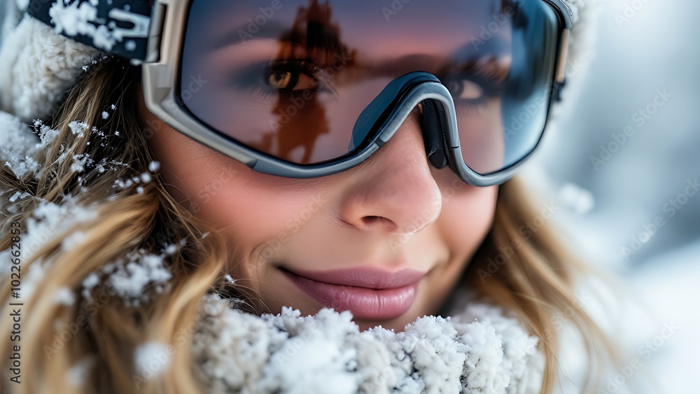 A close-up of a woman with a joyful expression, wearing ski goggles and a cozy winter outfit, surrounded by snow