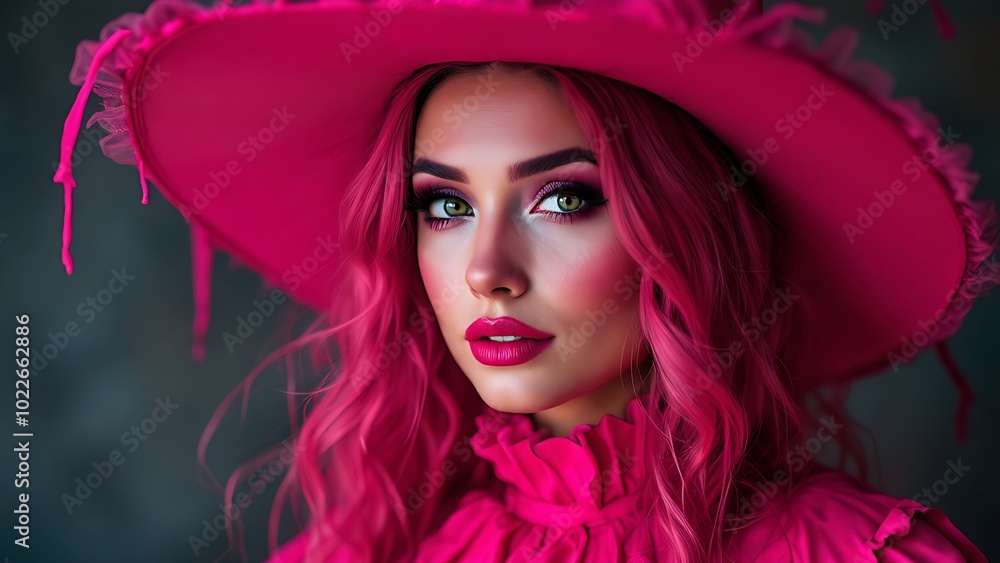 A striking portrait of a woman with vibrant pink hair and makeup, wearing a large pink hat, exuding confidence and glamour A striking portrait of a woman with vibrant pink hair and makeup, wearing a large pink hat, exuding confidence and glamour