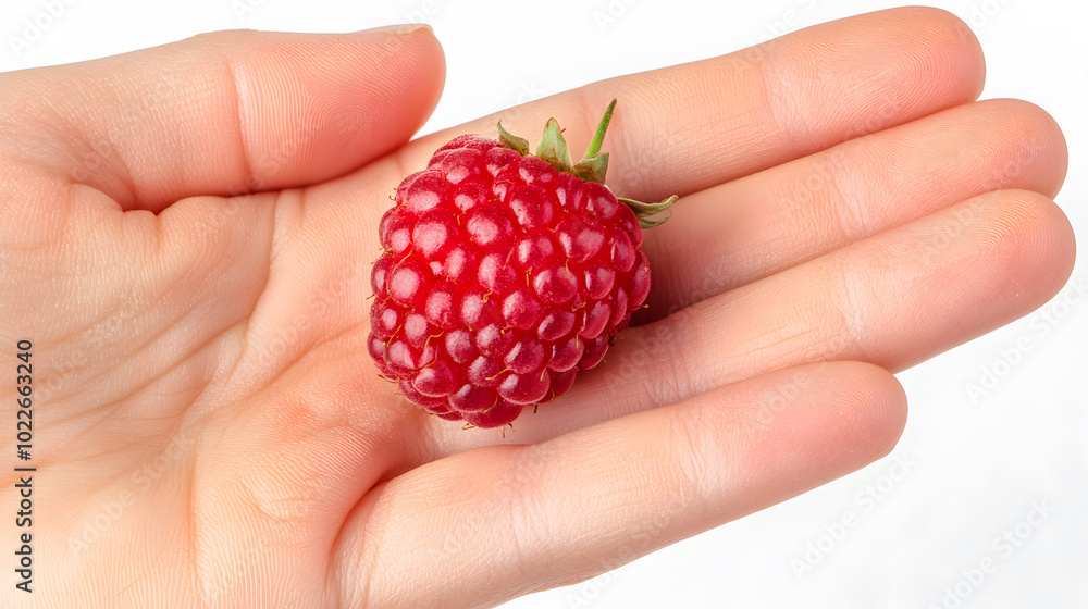 Top view of a raspberry resting on an open hand isolated on a white background Top view of a raspberry resting on an open hand isolated on a white background