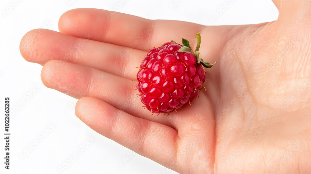 Top view of a raspberry resting on an open hand isolated on a white background Top view of a raspberry resting on an open hand isolated on a white background