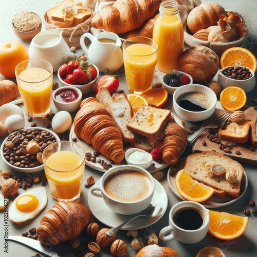 Delicious Breakfast Spread with Coffee, Croissants, Bread Buns, and Juice, Ready on the Table