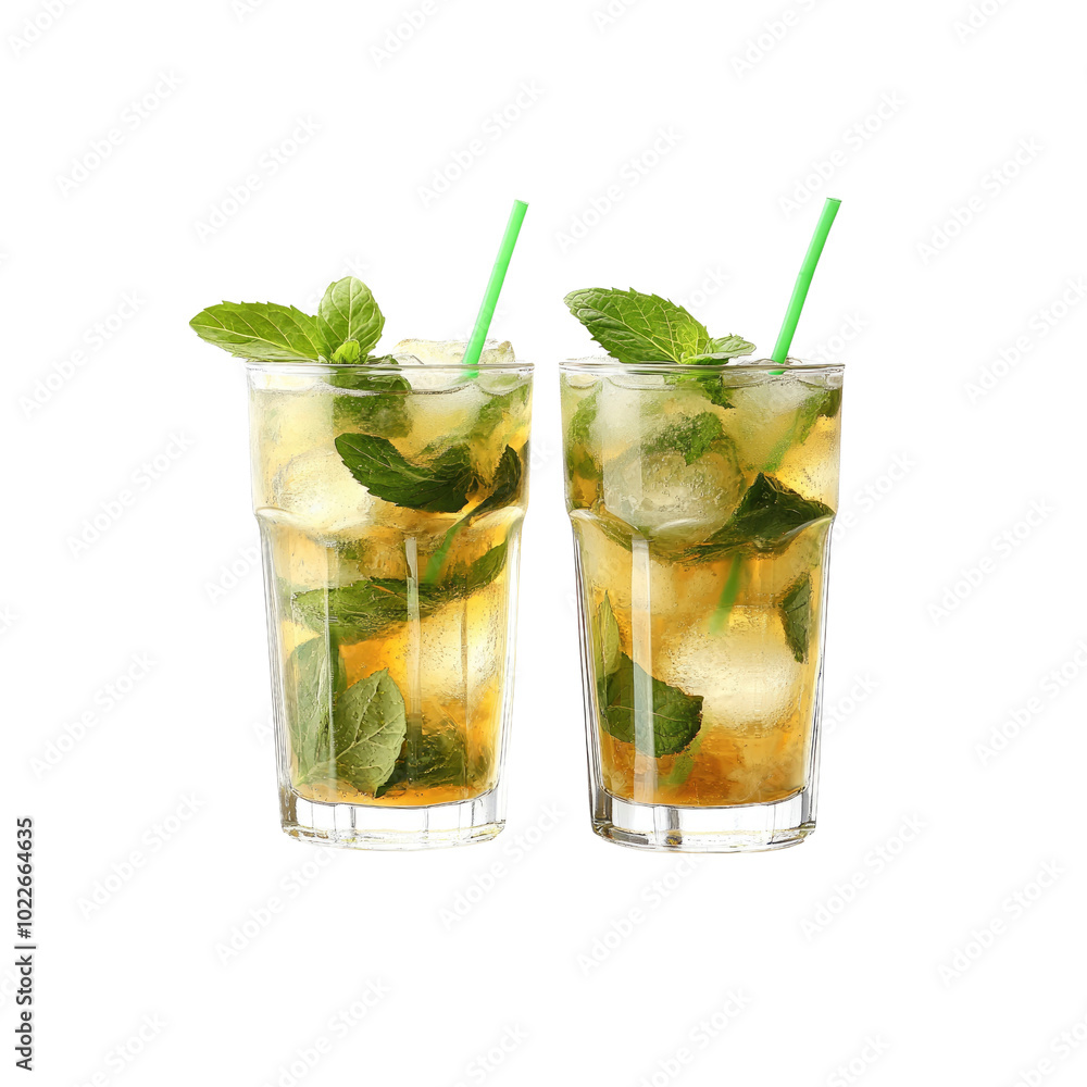 Refreshing Mint Julep Cocktails with Ice and Straws Refreshing Mint Julep Cocktails with Ice and Straws