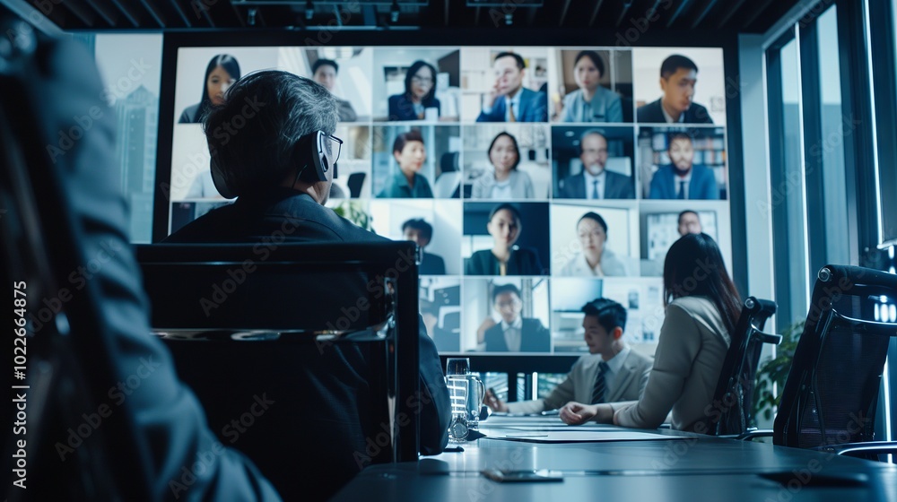 Diverse team in a modern office conducting a virtual meeting with international colleagues on a large screen monitor, showcasing global business collaboration and advanced technology. Diverse team in a modern office conducting a virtual meeting with international colleagues on a large screen monitor, showcasing global business collaboration and advanced technology.