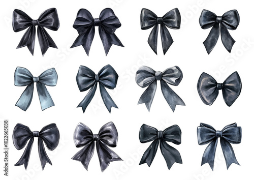 Watercolor set of black velvet bows png. Watercolor ribbon velvet bows. Watercolor decor elements in the style of old money. Vector illustration.