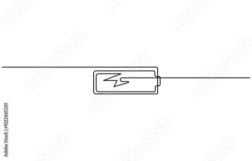 One continuous line drawing of battery charging. Lightning bolt symbol and electricity energy type sign in simple linear style. Editable stroke, One line drawing of battery full of charge.