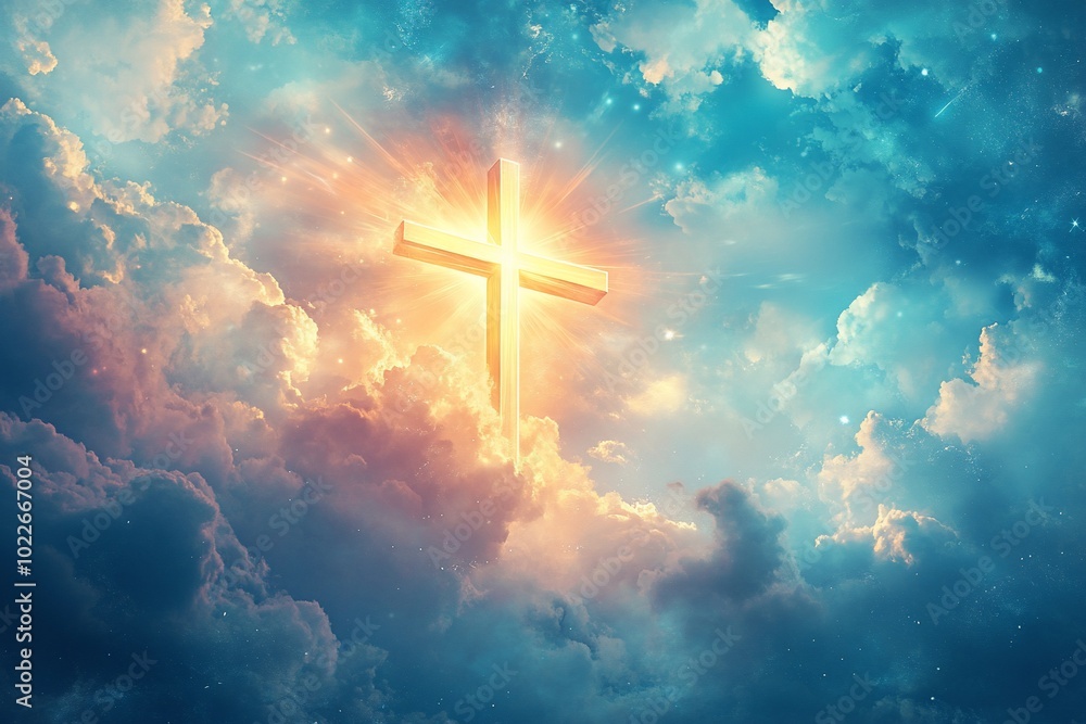 Golden cross shining in the blue sky with white clouds. Golden cross shining in the blue sky with white clouds.
