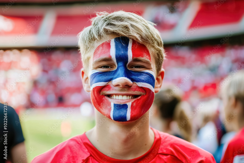 Smiling Young Man at Football Match with Norwegian Flag Face Paint. A young man with short blond hair and blue eyes, smiling at a soccer game.
Smiling Young Man at Football Match with Norwegian Flag Face Paint. A young man with short blond hair and blue eyes, smiling at a soccer game.