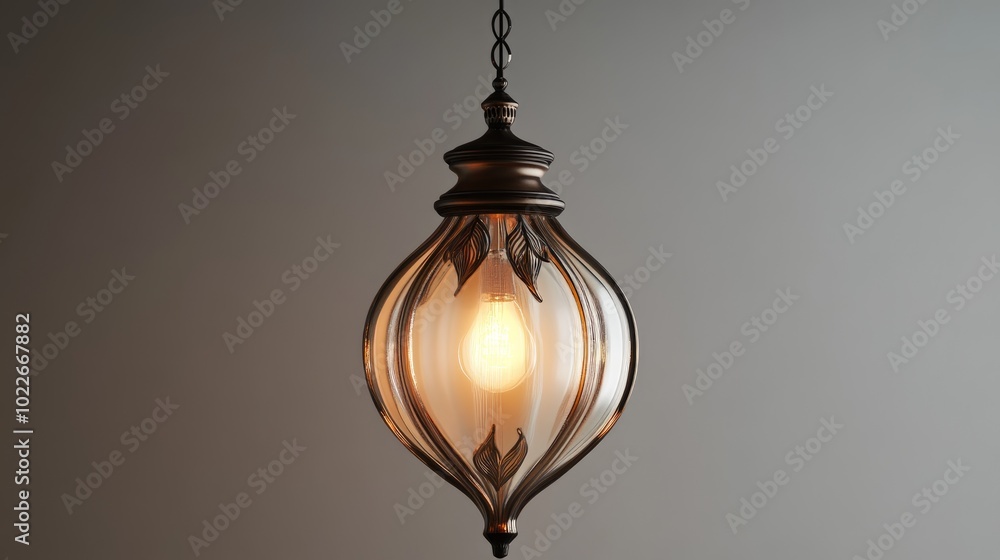 A single, round, glass pendant light fixture with a metal chain, hanging from a ceiling. The light is turned on, emitting a warm glow. A single, round, glass pendant light fixture with a metal chain, hanging from a ceiling. The light is turned on, emitting a warm glow.