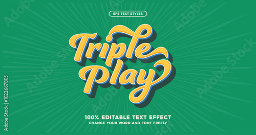 Triple Play: Playful script typography with bold orange and yellow tones, outlined with black solid shadow. Vibrant green background. Perfect for dynamic sports-themed designs. Text Effects
