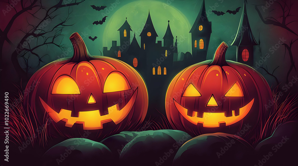 Two Carved Jack-O-Lantern Pumpkins Glowing in the Dark with a Haunted Castle in the Background Two Carved Jack-O-Lantern Pumpkins Glowing in the Dark with a Haunted Castle in the Background