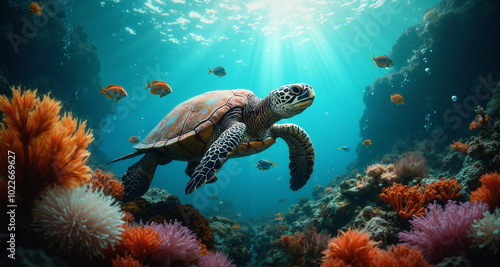 Podwodny świat raf koralowych. Grafika przedstawia bogactwo życia kryjące się w oceanach. Widzimy kolorowe rybki i stworzenia wodne.  Na pierwszym planie znajduje się żółw morski.