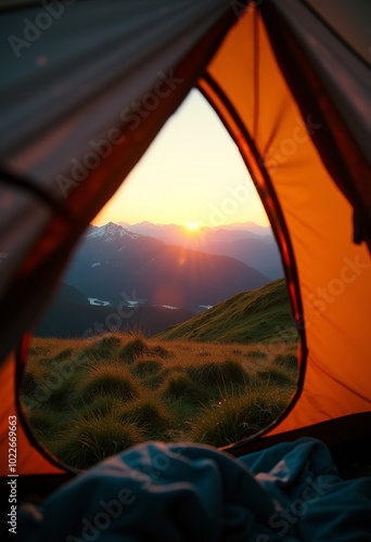 Cinematic Sunrise Shot from Tent to Majestic Mountains: Capturing the Mystical Essence of Green Fields and Deep Colors 