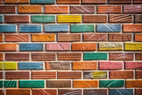 Colorful brick wall texture with alternating pattern for visual appeal photo