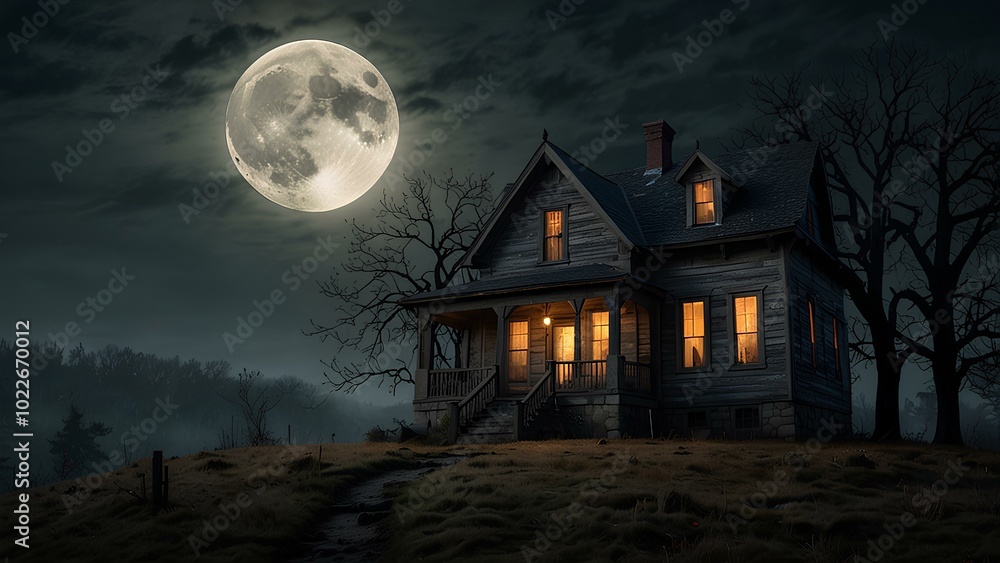 Fototapeta premium Haunted House on a Hill: Eerie Full Moon and Barren Trees in a Spooky Night Scene