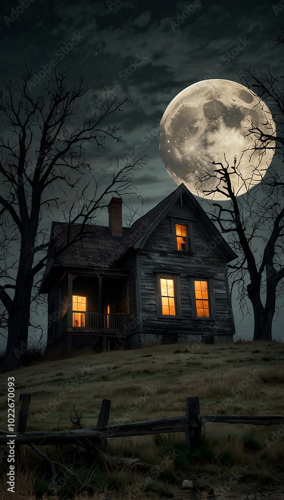 Fototapeta premium Haunted House on a Hill: Eerie Full Moon and Barren Trees in a Spooky Night Scene