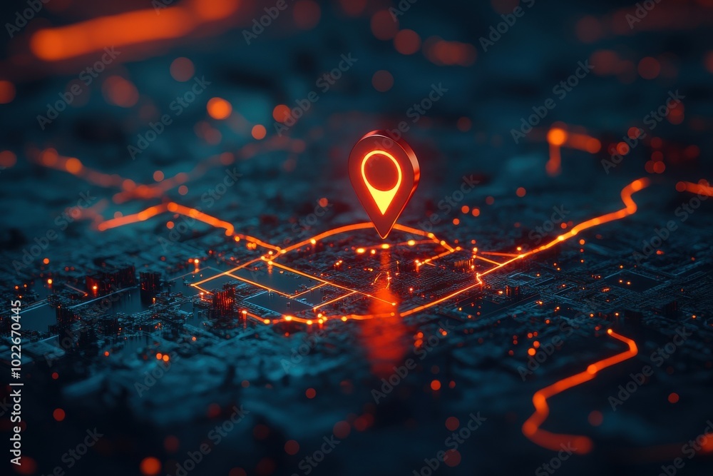 A glowing map of a city with a red dot on it A glowing map of a city with a red dot on it