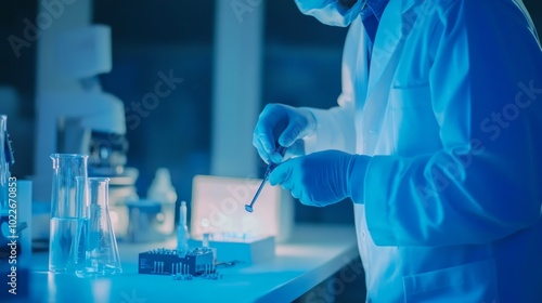 Skilled technician holding precision screwdriver, meticulously repairing small electronic device on clean workbench. Detailed repair process in focus. 