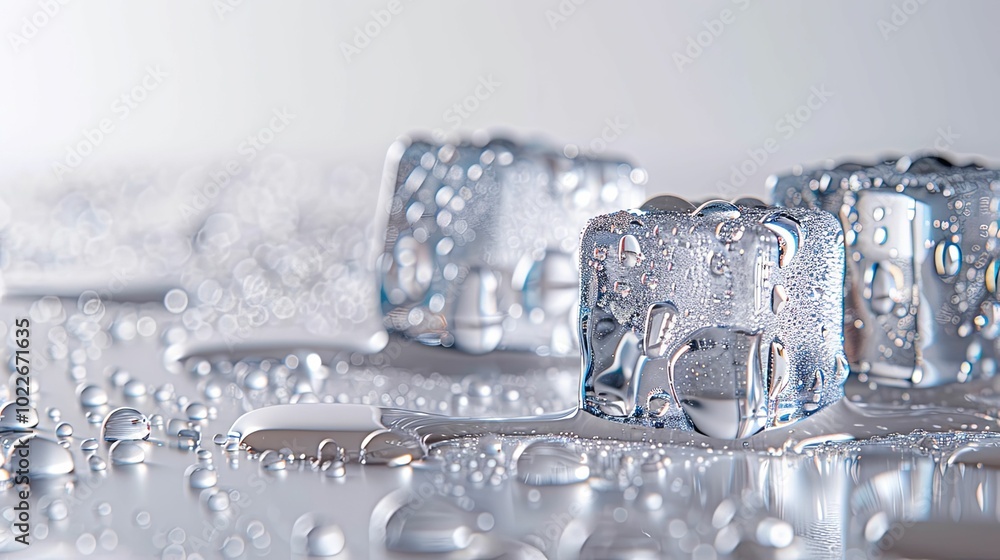 Melting Ice Cubes with Water Droplets on a Reflective Surface Melting Ice Cubes with Water Droplets on a Reflective Surface