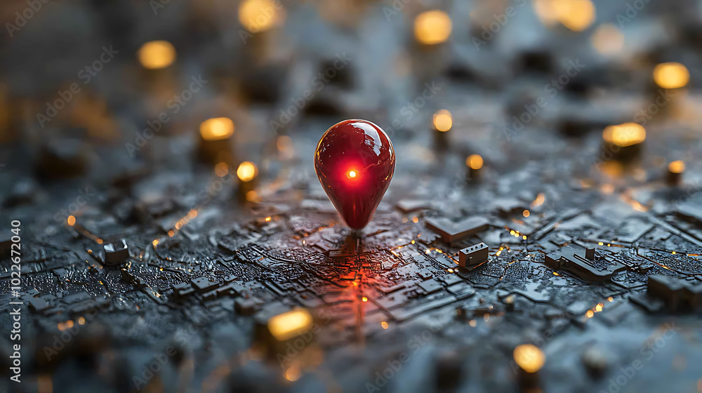 A red pin on a futuristic circuit board with glowing lights surrounding it. A red pin on a futuristic circuit board with glowing lights surrounding it.