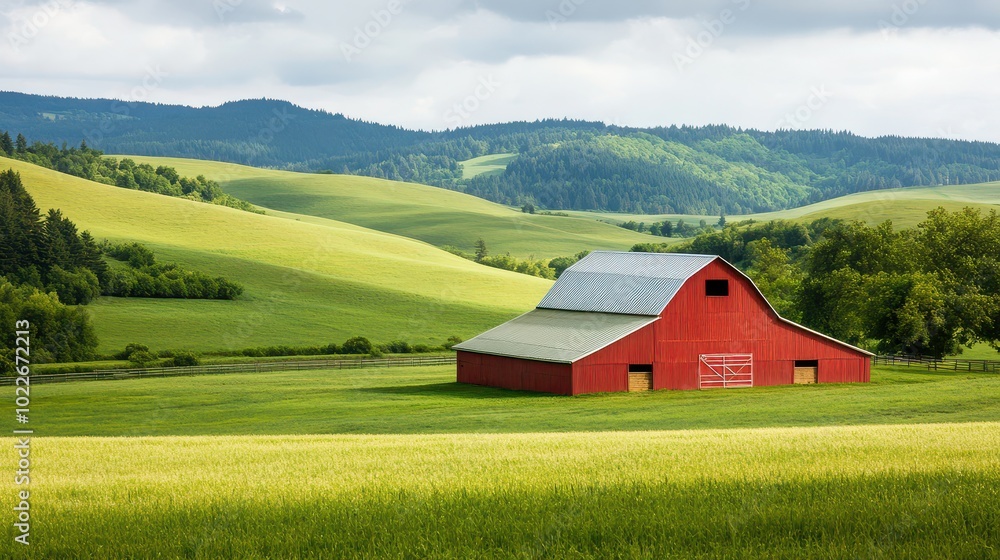 A scenic red barn nestled in lush green fields with rolling hills in the background, under a cloudy sky. A scenic red barn nestled in lush green fields with rolling hills in the background, under a cloudy sky.