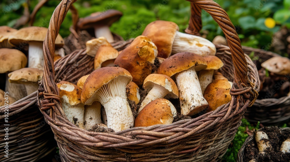 A basket filled with freshly picked mushrooms, showcasing their earthy colors and textures in a natural setting. A basket filled with freshly picked mushrooms, showcasing their earthy colors and textures in a natural setting.