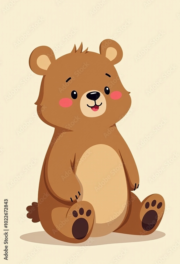 Fototapeta premium Cute Bear Sitting on the Ground: Adorable 2D Illustration in Side View, Ideal for Nursery Decor and Children's Products