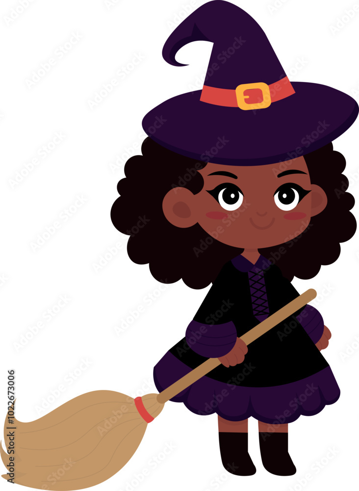 Obraz premium Cute little witch, black girl, in witch outfit, holding broom and smiling