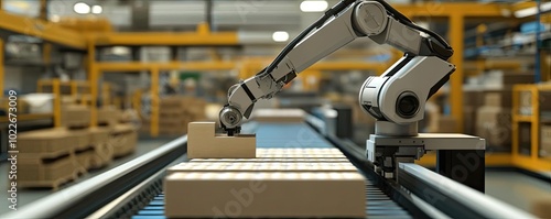 Automated robotic arm placing boxes on a conveyor belt in a modern warehouse, showcasing advanced manufacturing technology.