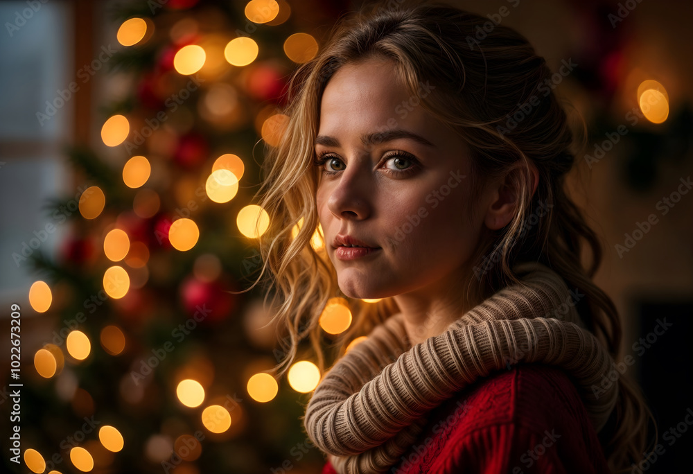 Thoughtful Woman in Cozy Sweater Near a Christmas Tree Thoughtful Woman in Cozy Sweater Near a Christmas Tree