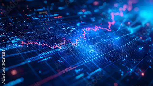 A digital screen displaying a graph with fluctuating lines in blue and red, representing stock market performance.