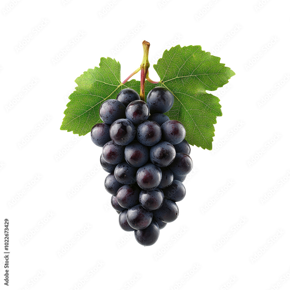 Fototapeta premium Fresh Bunch of Black Grapes with Green Leaves