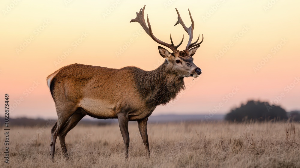 Obraz premium A majestic stag stands proud in a golden field, silhouetted against a vibrant sunset, embodying the beauty of nature.