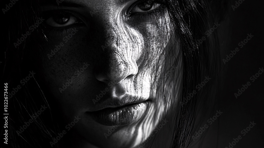 Close-up Portrait of a Woman with Freckles and Wet Hair in Black and White Close-up Portrait of a Woman with Freckles and Wet Hair in Black and White