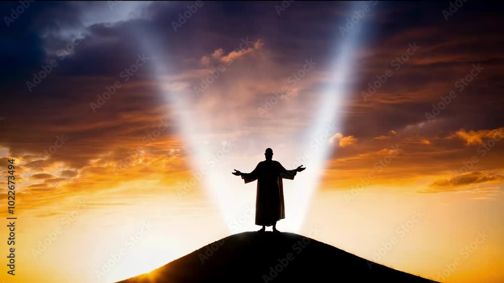 Jesus is portrayed as a silhouette on a hilltop, with the sun and clouds creating a striking background. This representation embodies the dreams or visions associated with a prophet Jesus is portrayed as a silhouette on a hilltop, with the sun and clouds creating a striking background. This representation embodies the dreams or visions associated with a prophet