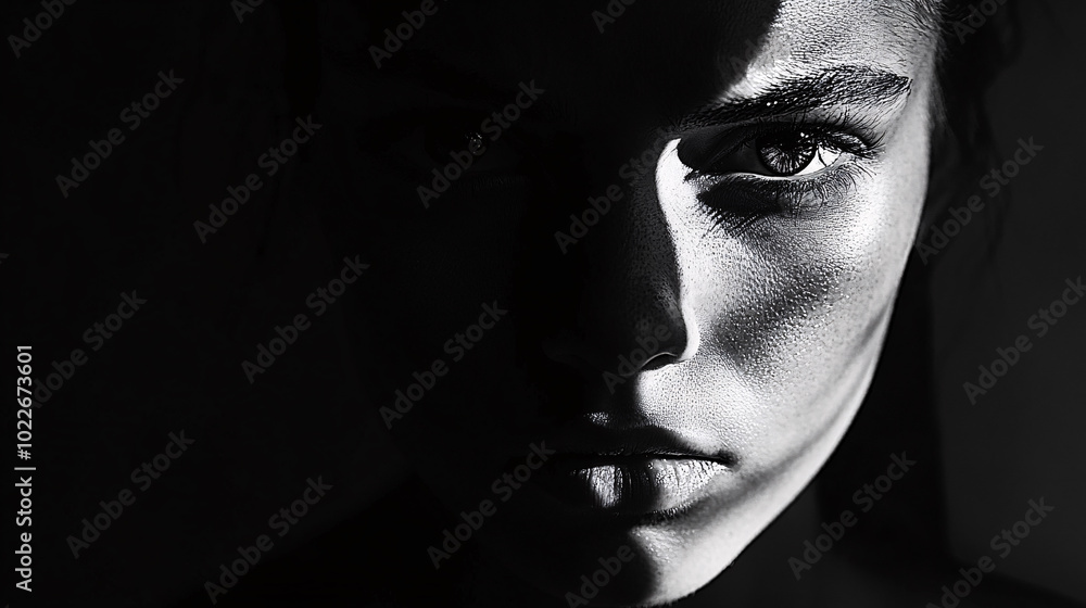 Dramatic Black and White Portrait of Woman's Face with Light Dramatic Black and White Portrait of Woman's Face with Light